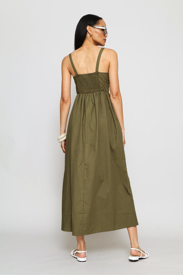 Embroidered Motif Fit & Flare Midaxi Dress - Dark Olive