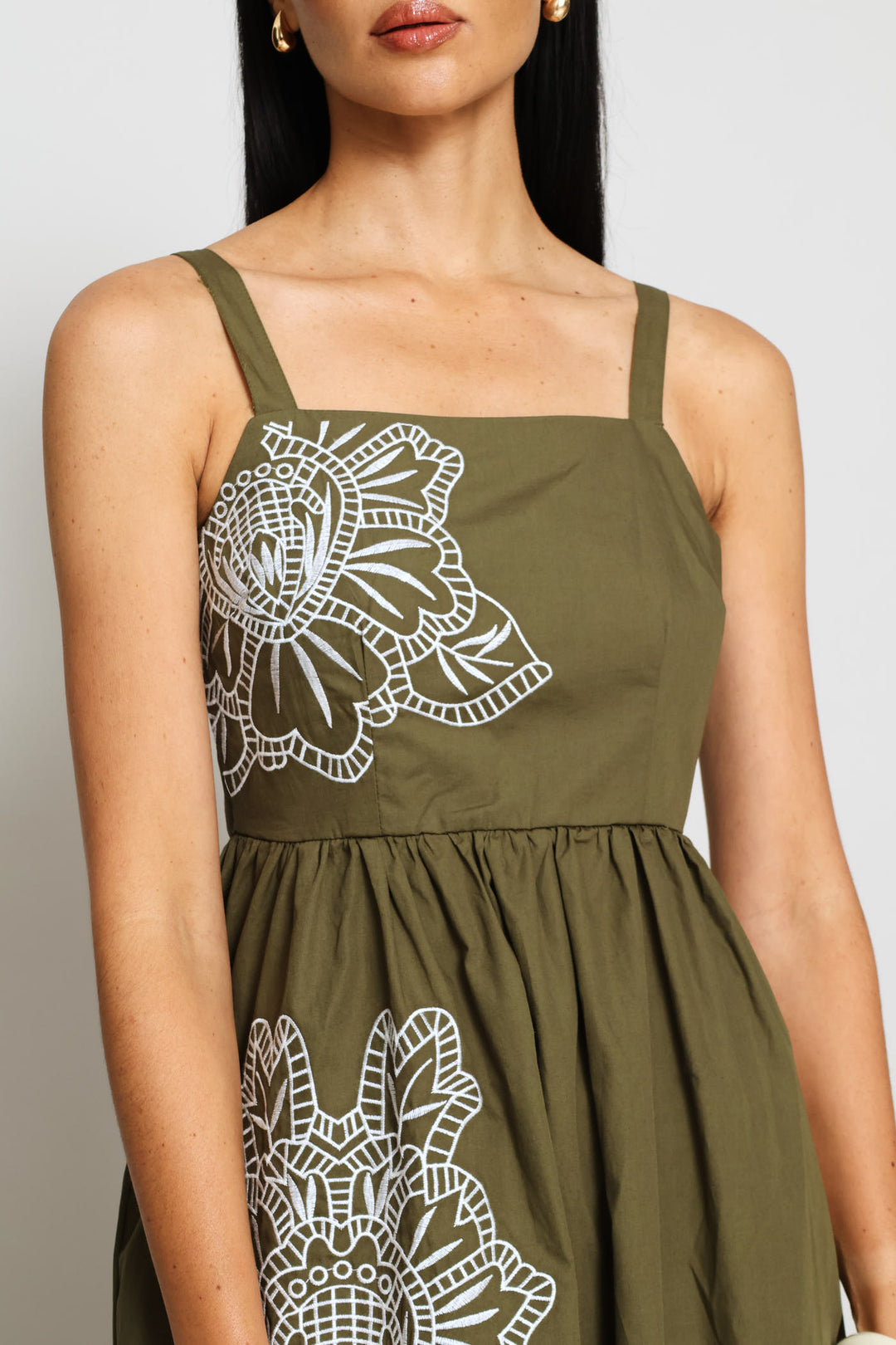 Embroidered Motif Fit & Flare Midaxi Dress - Dark Olive