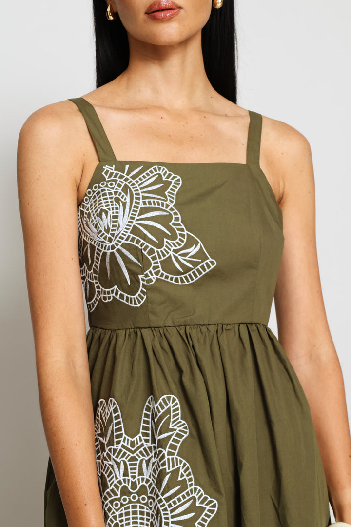 Embroidered Motif Fit & Flare Midaxi Dress - Dark Olive