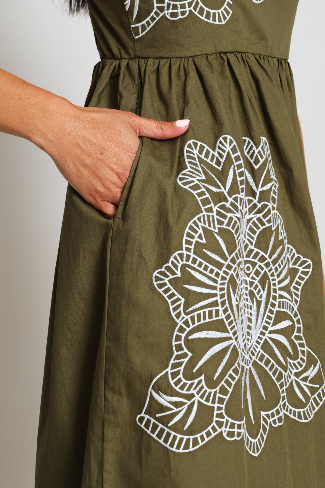 Embroidered Motif Fit & Flare Midaxi Dress - Dark Olive