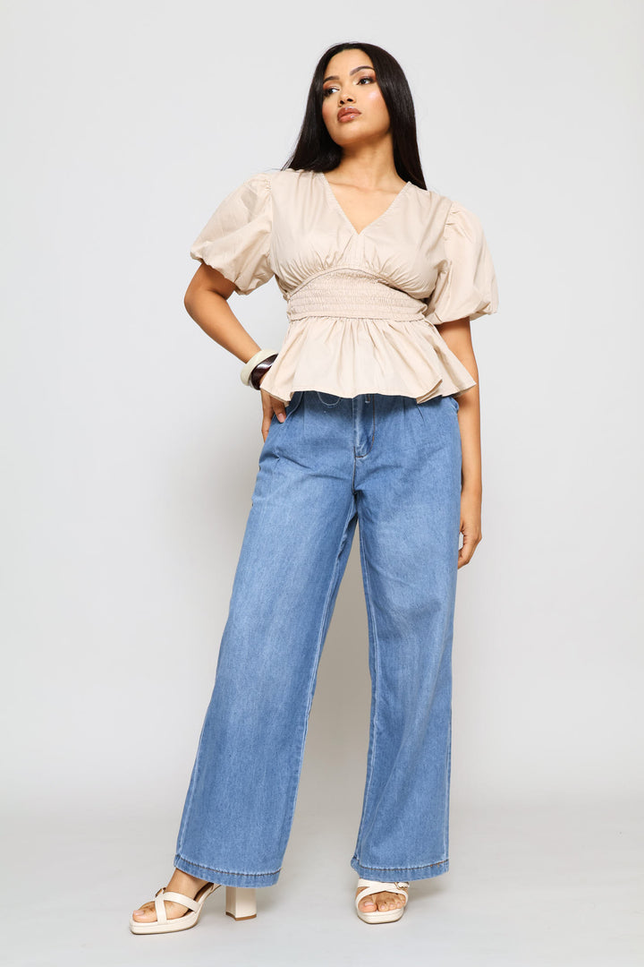 Bubble Sleeve Shirred Waist Peplum Blouse - Light Grey