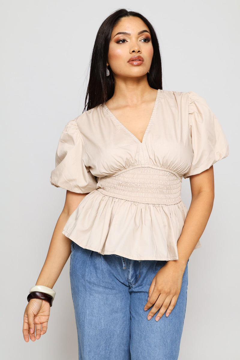 Bubble Sleeve Shirred Waist Peplum Blouse - Light Grey