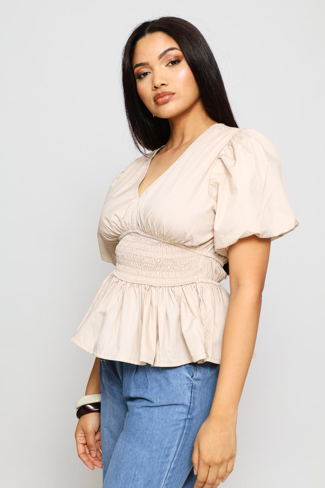 Bubble Sleeve Shirred Waist Peplum Blouse - Light Grey