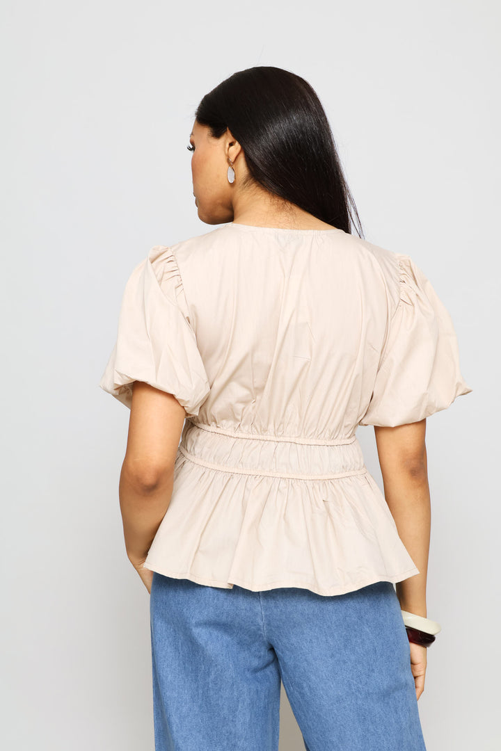 Bubble Sleeve Shirred Waist Peplum Blouse - Light Grey