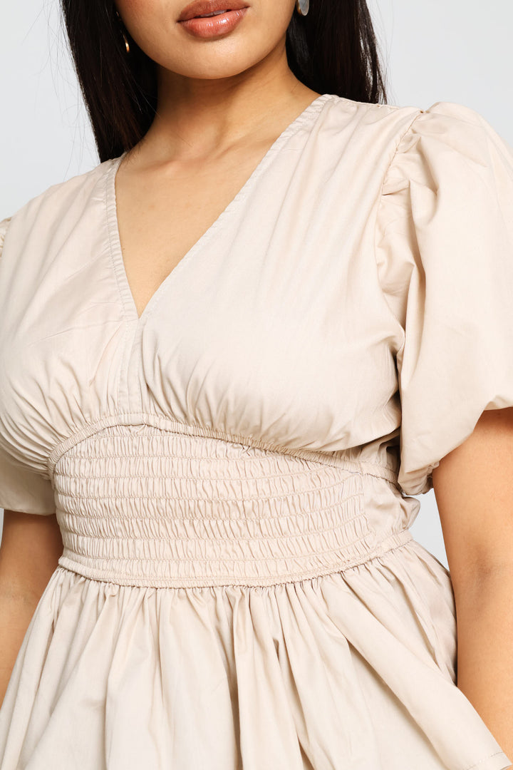 Bubble Sleeve Shirred Waist Peplum Blouse - Light Grey