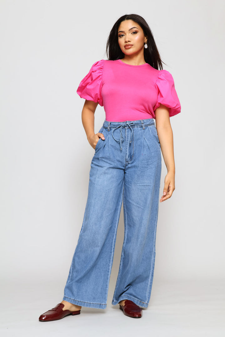 Self Belted Chambray Pants - Mid Wash