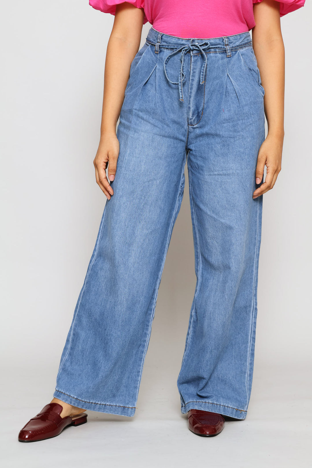 Self Belted Chambray Pants - Mid Wash