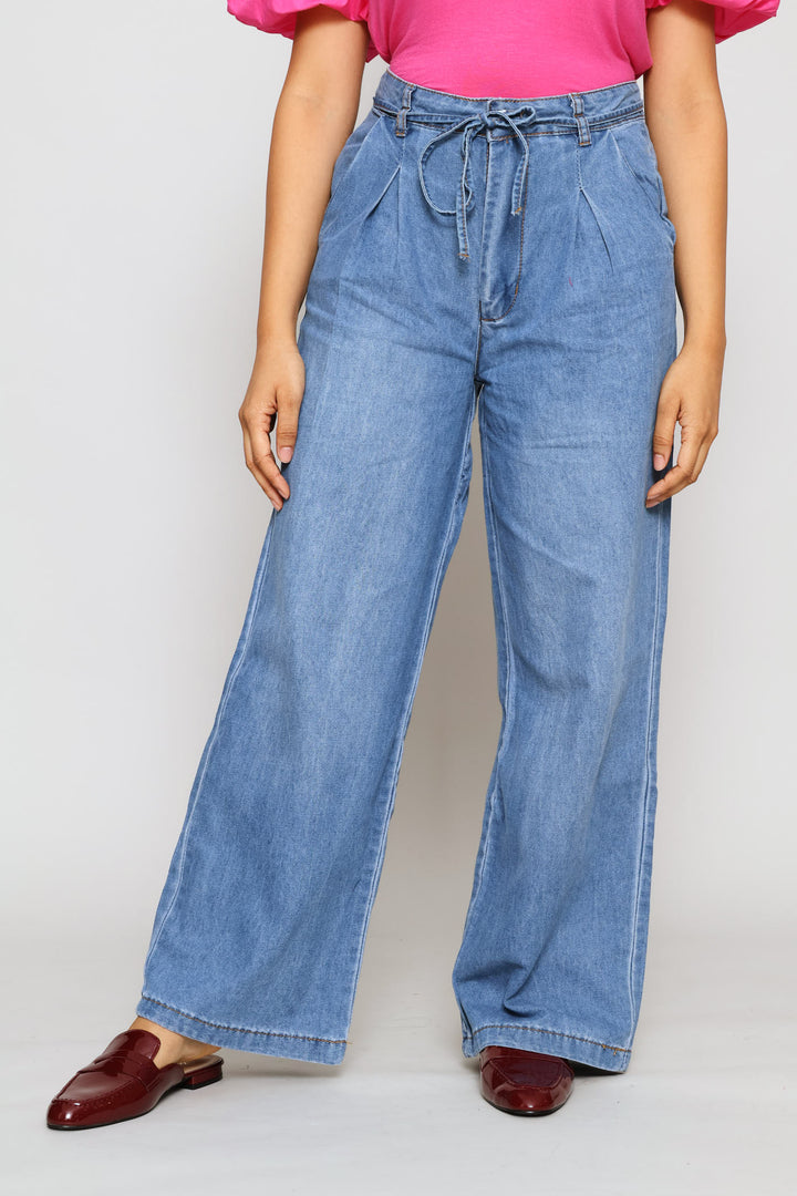 Self Belted Chambray Pants - Mid Wash