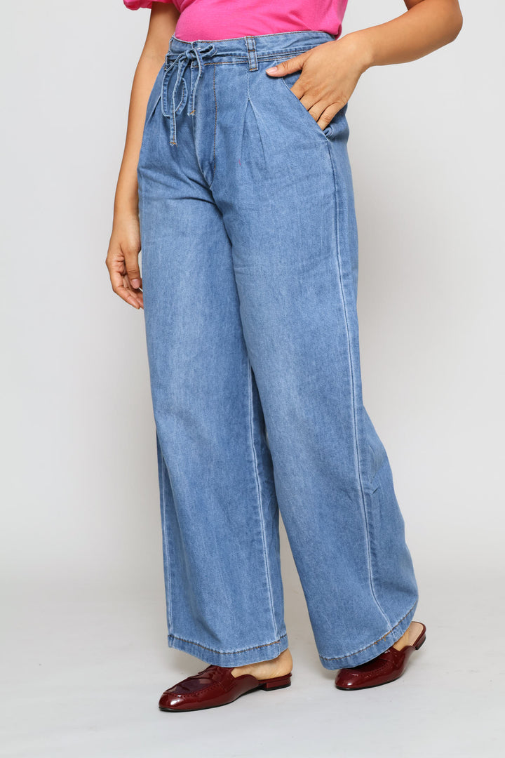 Self Belted Chambray Pants - Mid Wash