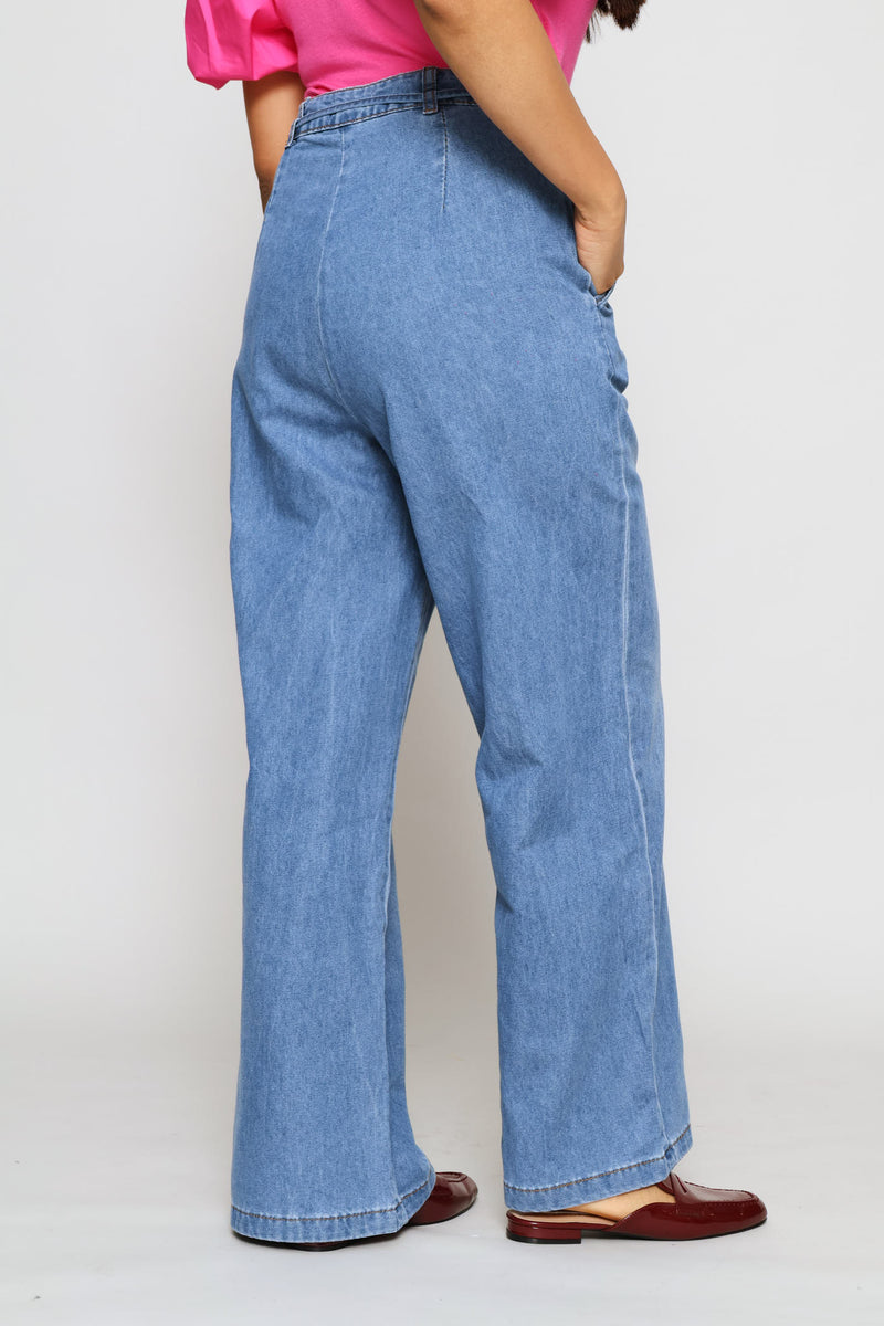 Self Belted Chambray Pants - Mid Wash