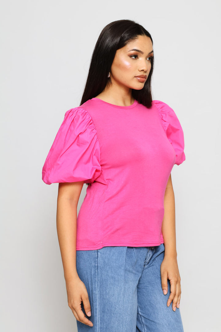 Bubble Sleeve Relaxed Combo Tee - Bright Pink