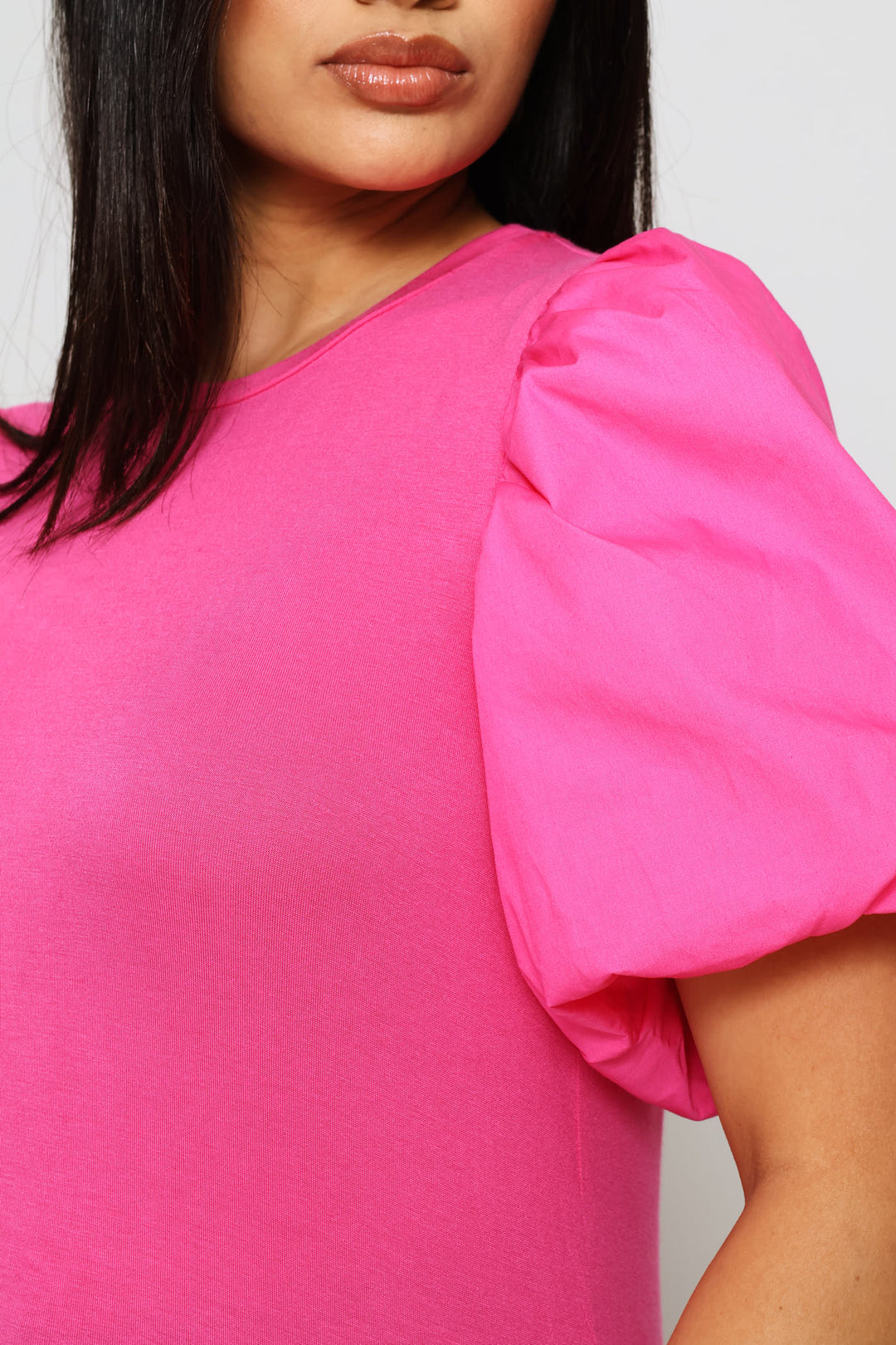 Bubble Sleeve Relaxed Combo Tee - Bright Pink