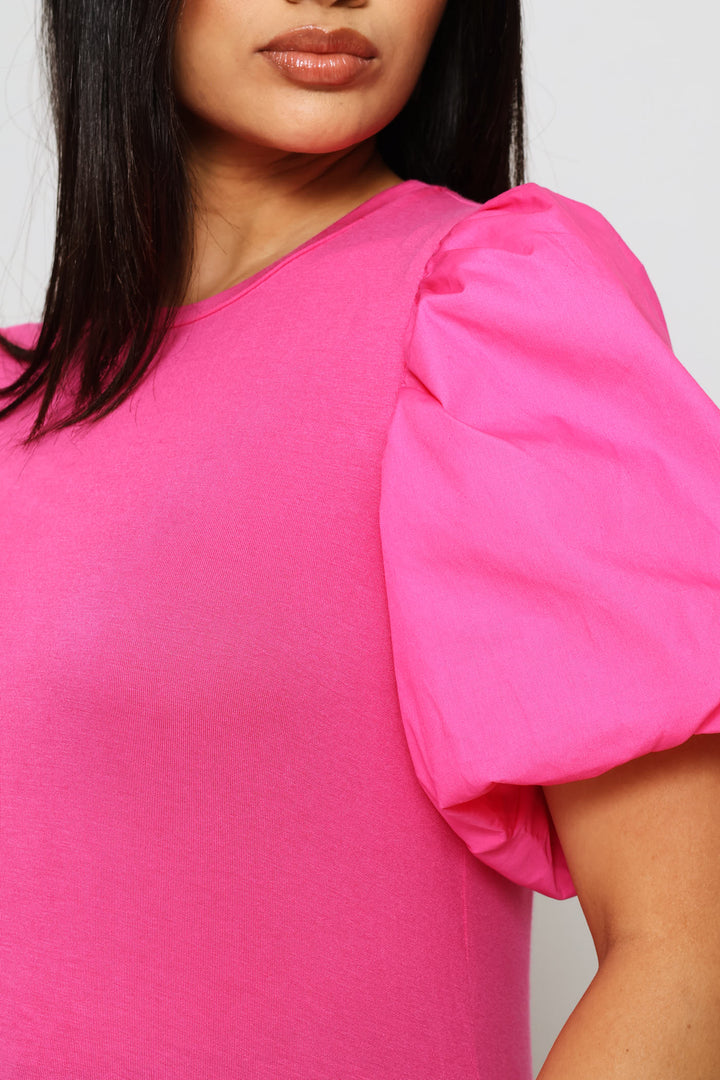 Bubble Sleeve Relaxed Combo Tee - Bright Pink