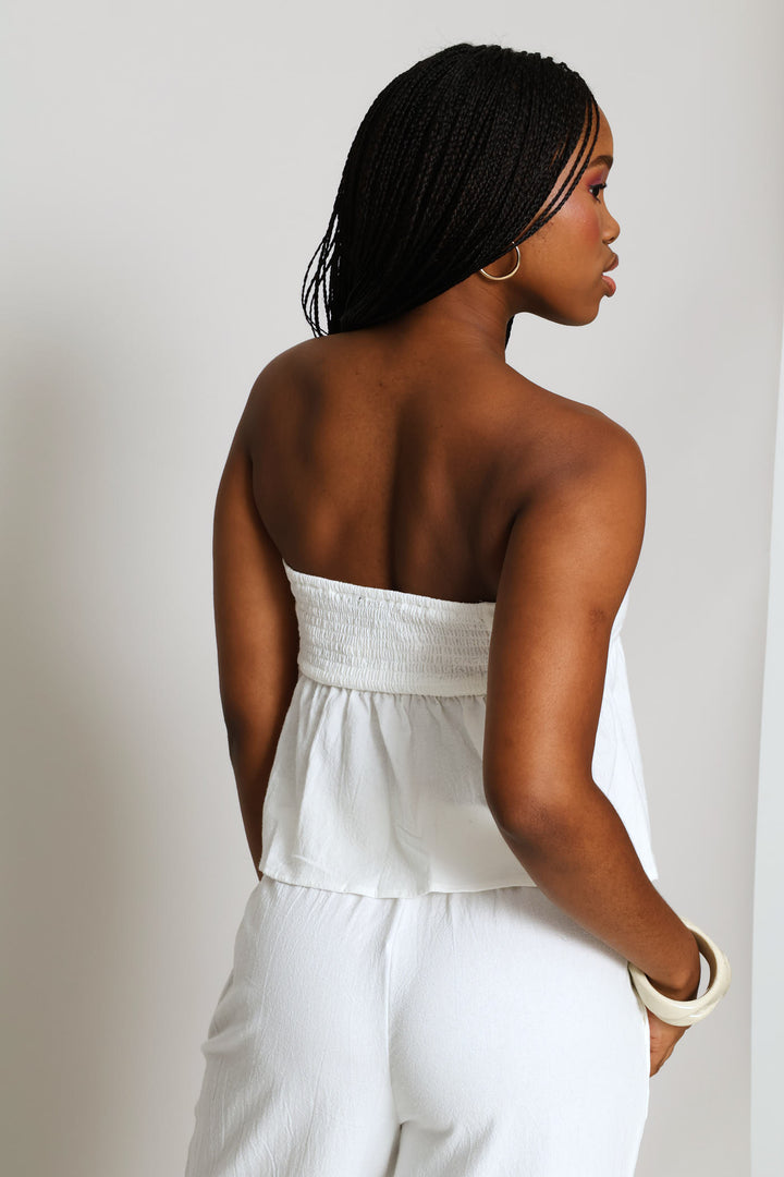 Tie Front Bandeau Top Set - White