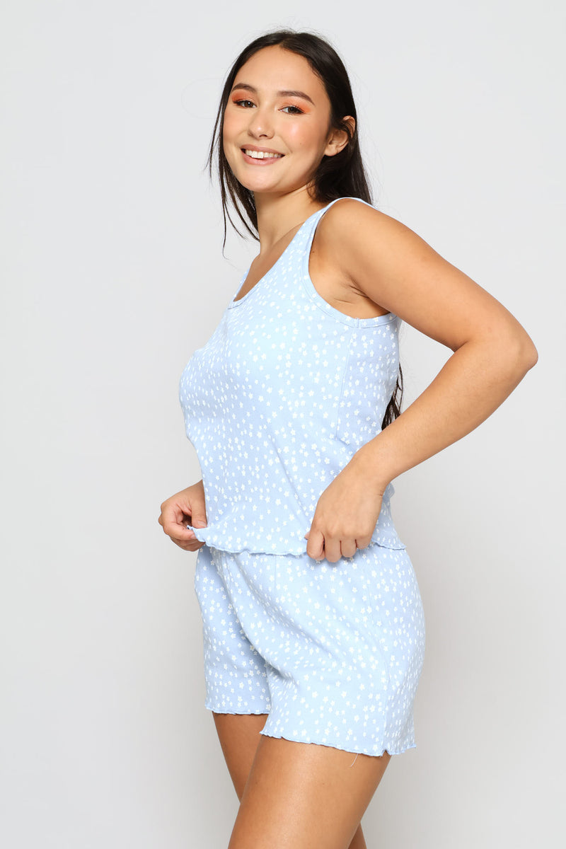 Ditsy Flower Rib Tank & Short Sleep Set - Light Blue