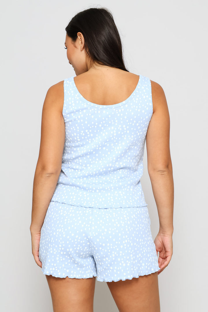 Ditsy Flower Rib Tank & Short Sleep Set - Light Blue