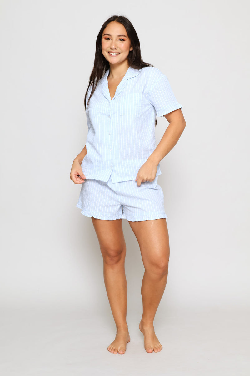 Woven Seersucker Button Through Short Set - White/Blue