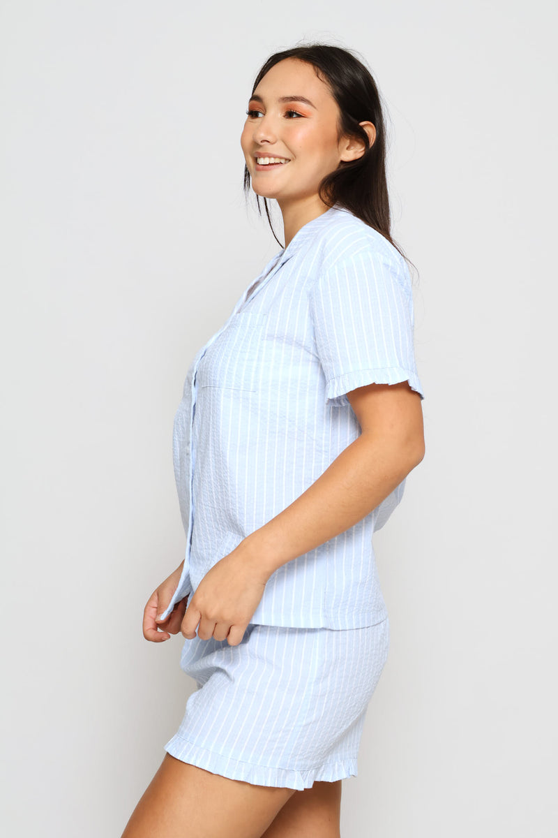 Woven Seersucker Button Through Short Set - White/Blue