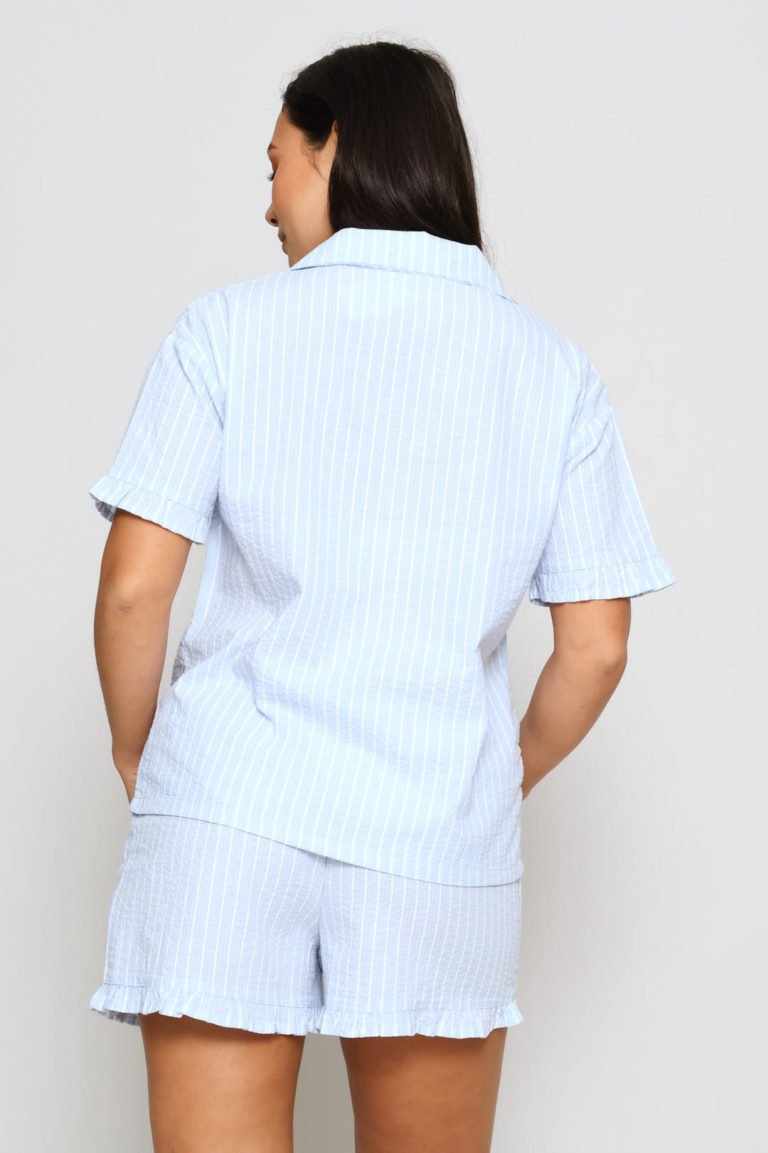Woven Seersucker Button Through Short Set - White/Blue