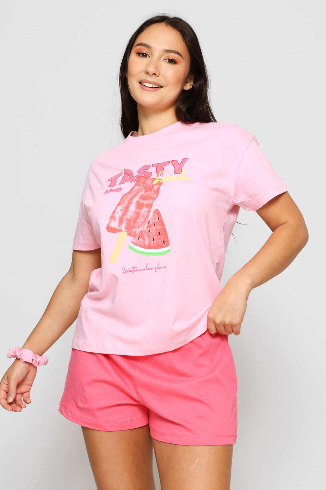 Tasty Tee & Short Sleep Set With Matching Scrunchie - Pink