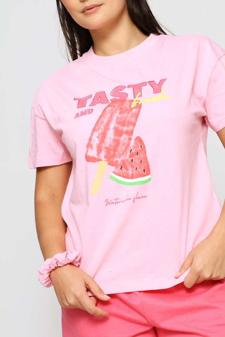 Tasty Tee & Short Sleep Set With Matching Scrunchie - Pink