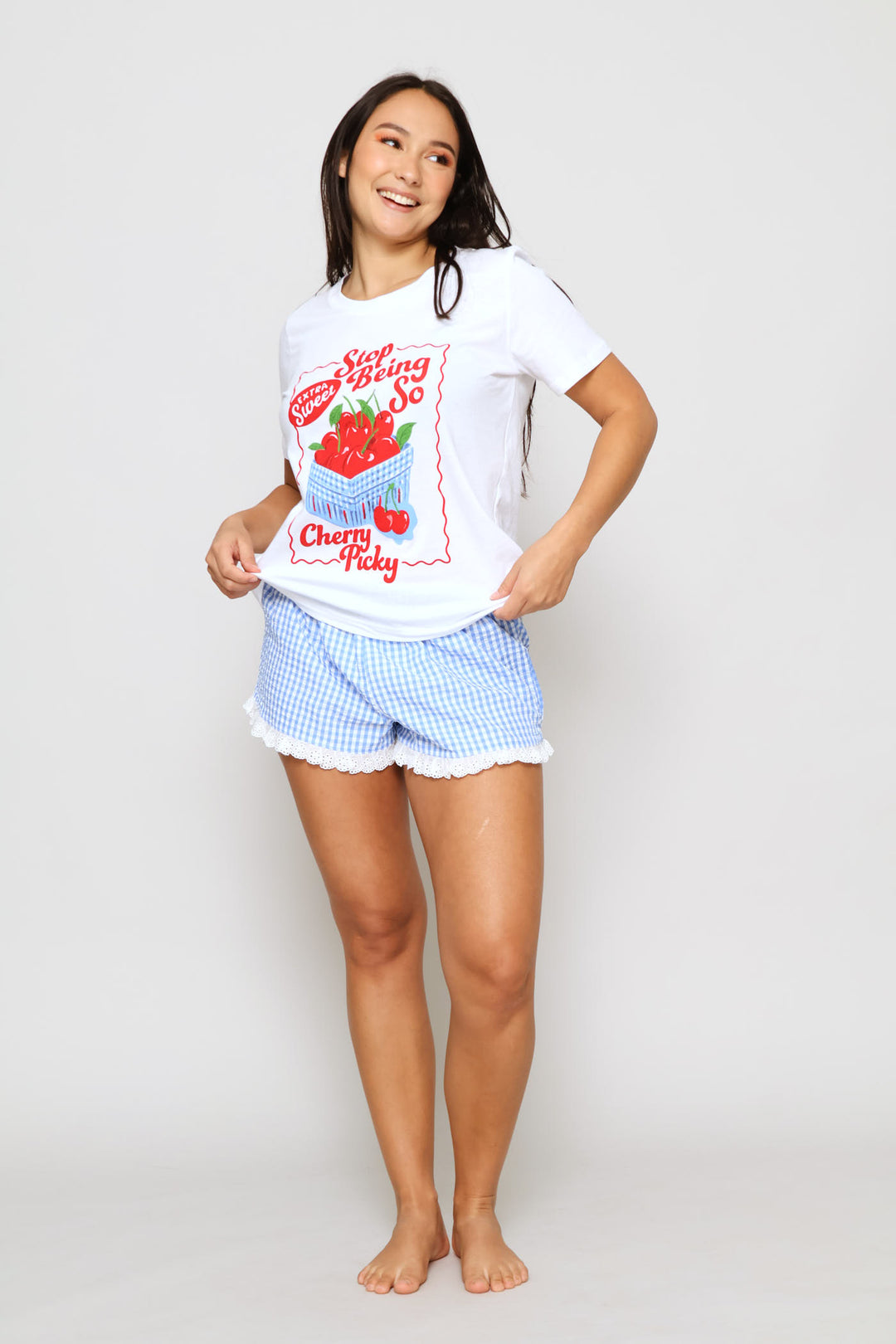 Knit Tee & Woven Short Gingham Sleep Set - White/Blue