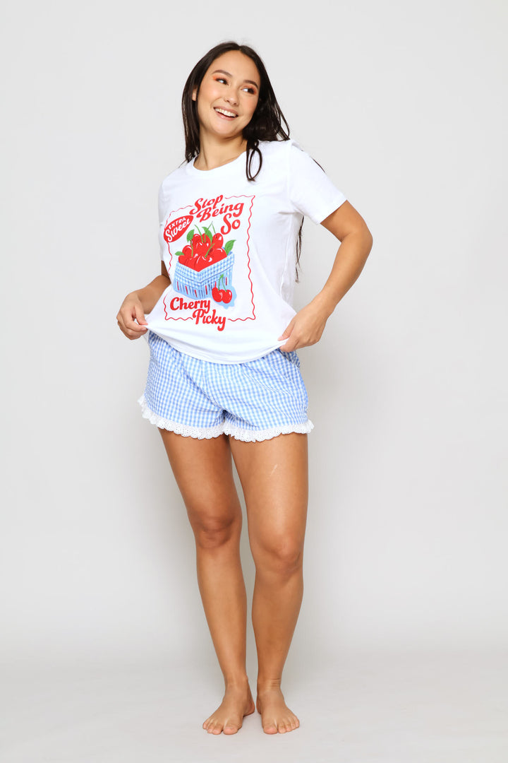 Knit Tee & Woven Short Gingham Sleep Set - White/Blue