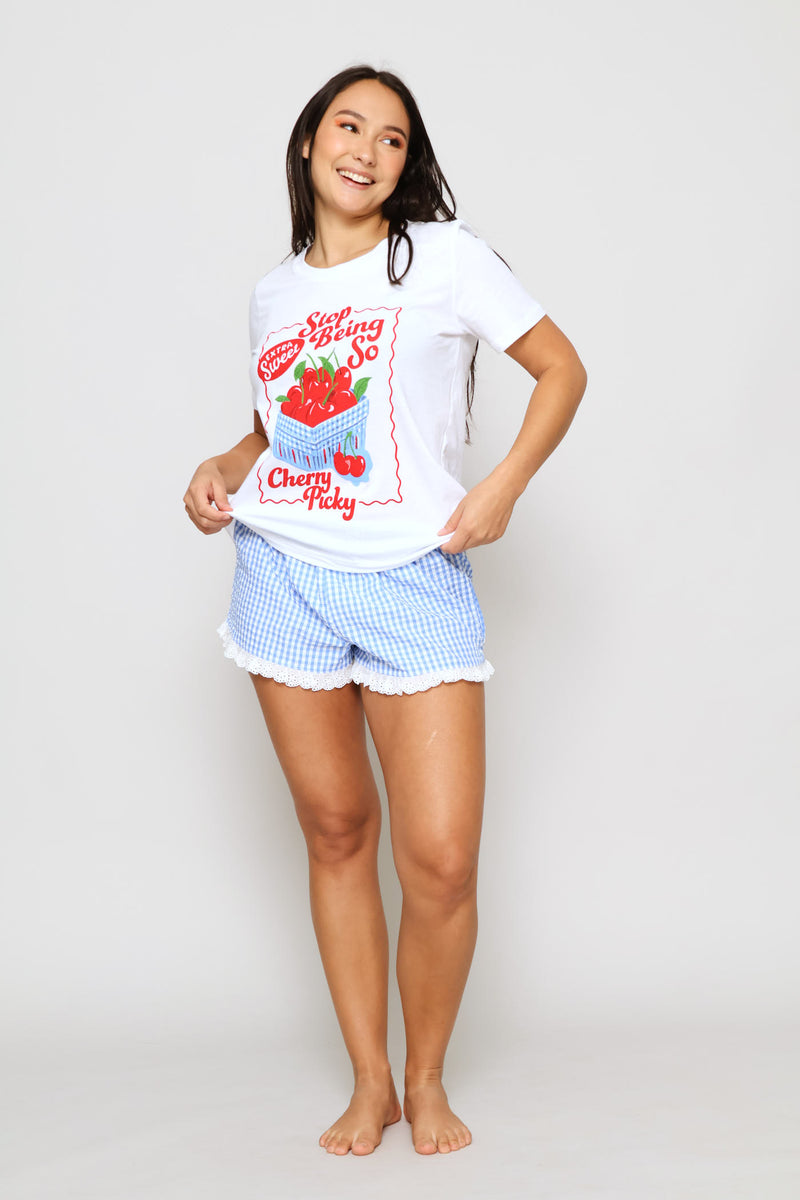 Knit Tee & Woven Short Gingham Sleep Set - White/Blue