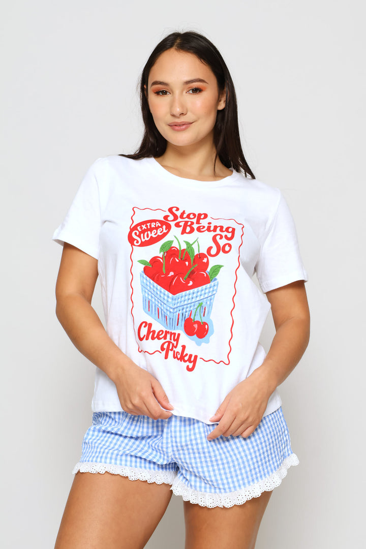 Knit Tee & Woven Short Gingham Sleep Set - White/Blue