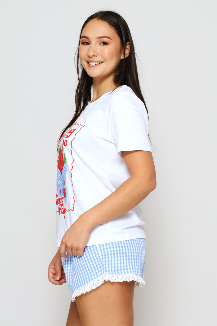 Knit Tee & Woven Short Gingham Sleep Set - White/Blue