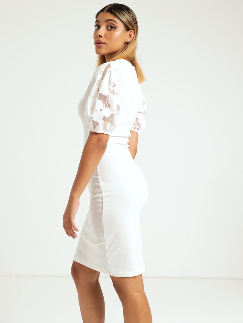Burnout Puff Sleeve Bodycon Dress - Cream