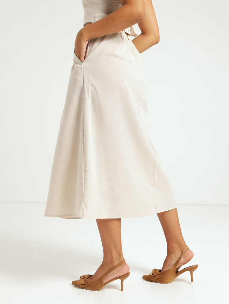 Linen A Line Midi Skirt - Oatmeal