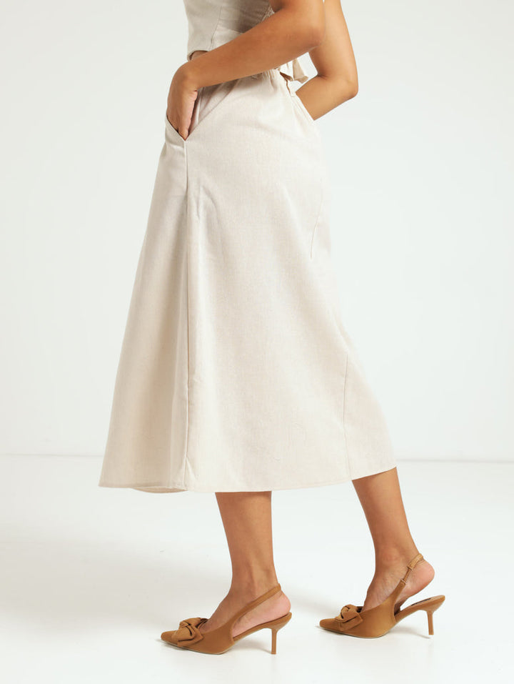 Linen A Line Midi Skirt - Oatmeal