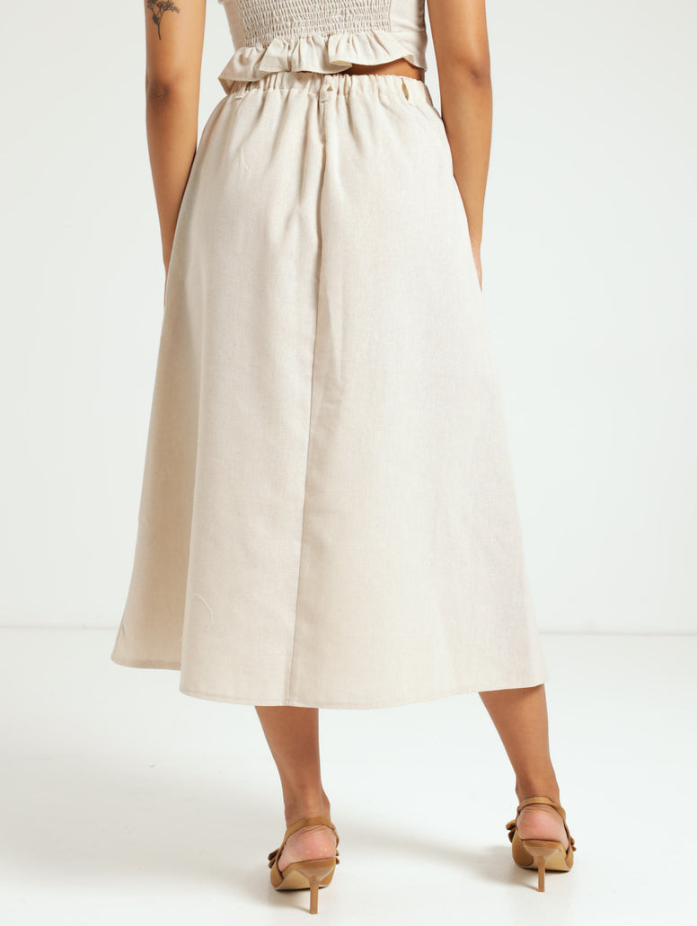 Linen A Line Midi Skirt - Oatmeal