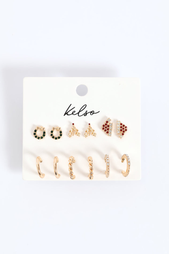 6 Pack Reindeer & Hoop Earrings - Gold