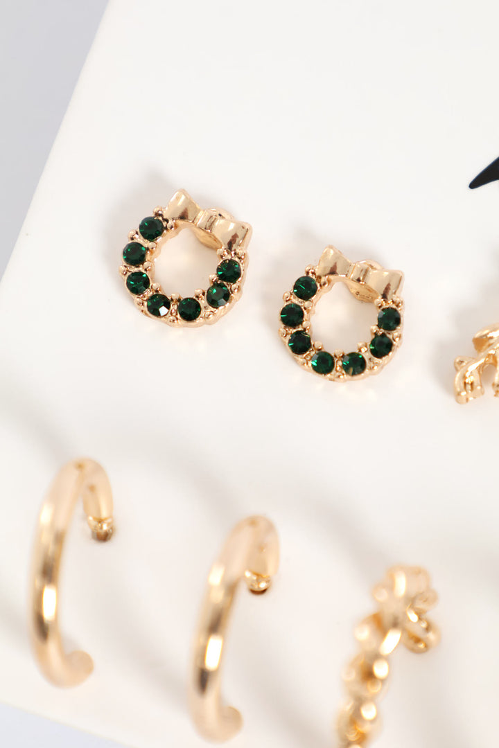 6 Pack Reindeer & Hoop Earrings - Gold