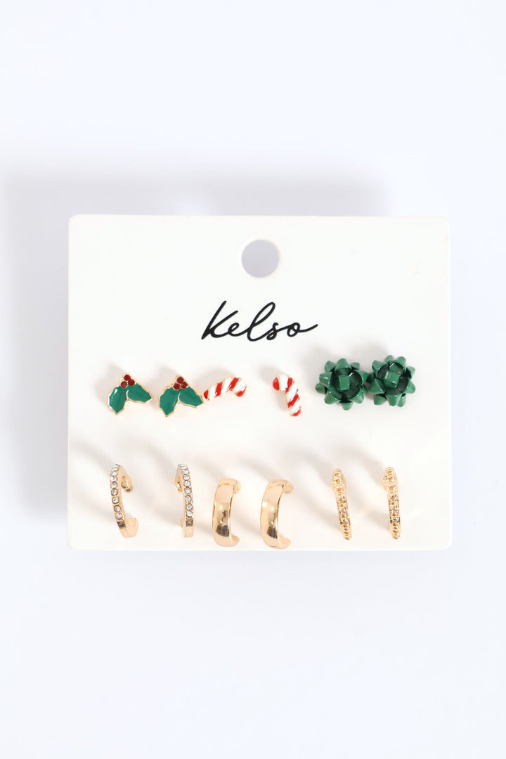 6 Pack Christmas Theme Bow & Hoop Earrings - Gold