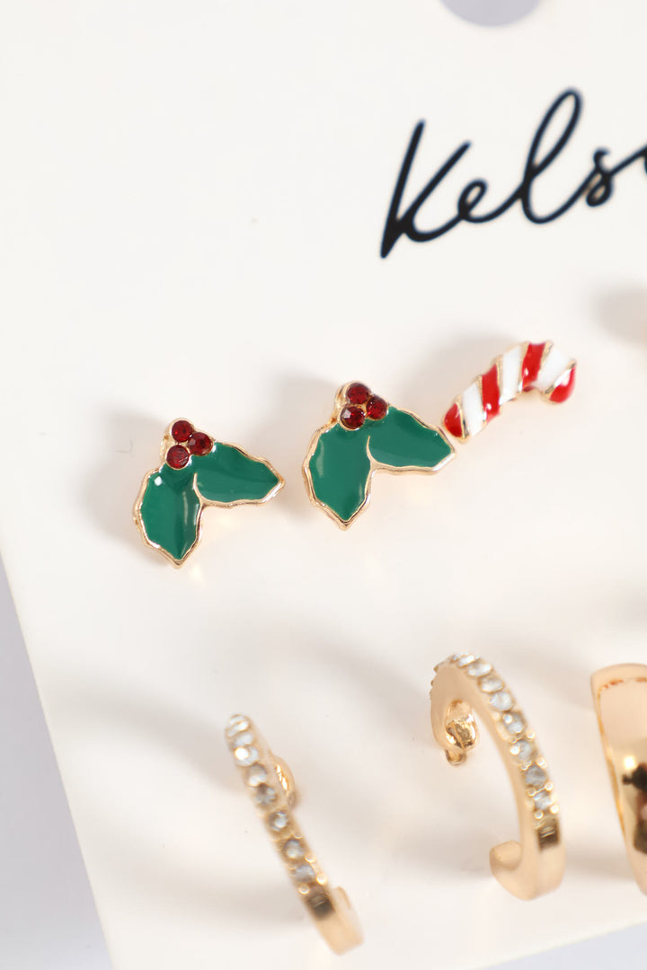 6 Pack Christmas Theme Bow & Hoop Earrings - Gold