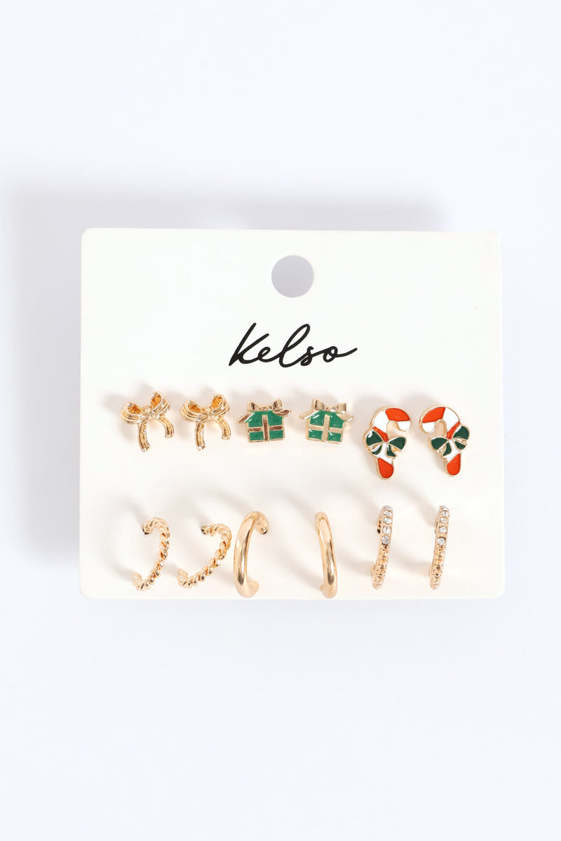 6 Pack Candy Cane Hoop Earring - Gold