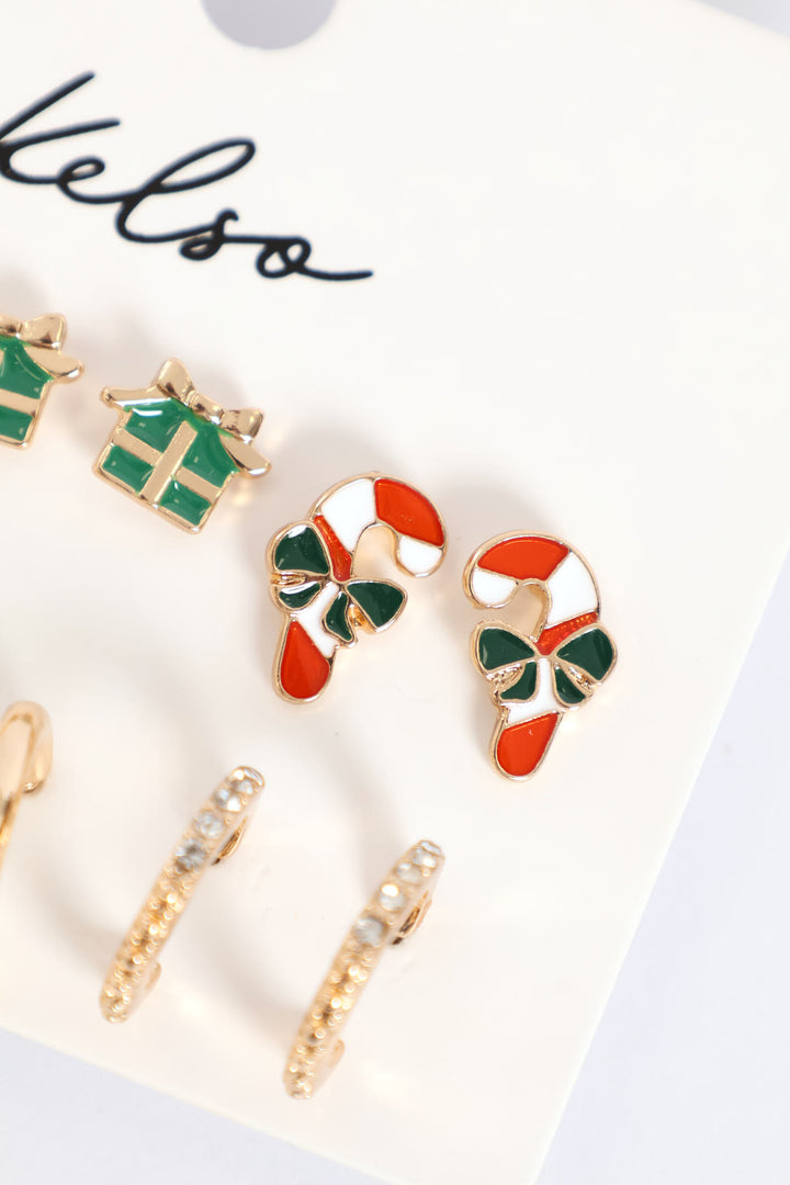 6 Pack Candy Cane Hoop Earring - Gold