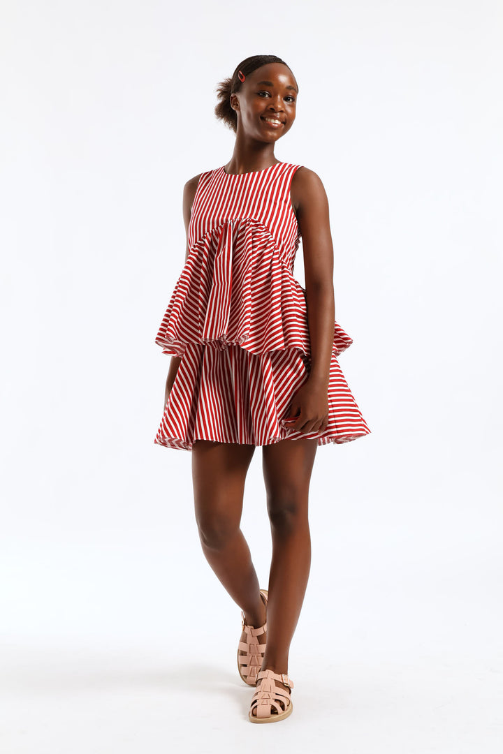 Girls Stripe Shaped Waist Rara Dress - White/Red