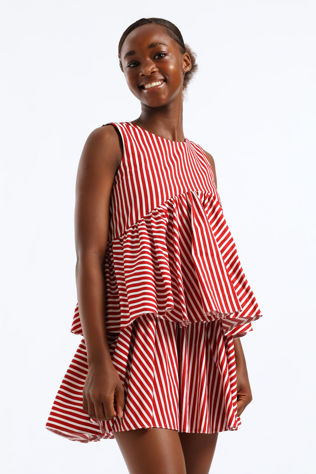 Girls Stripe Shaped Waist Rara Dress - White/Red