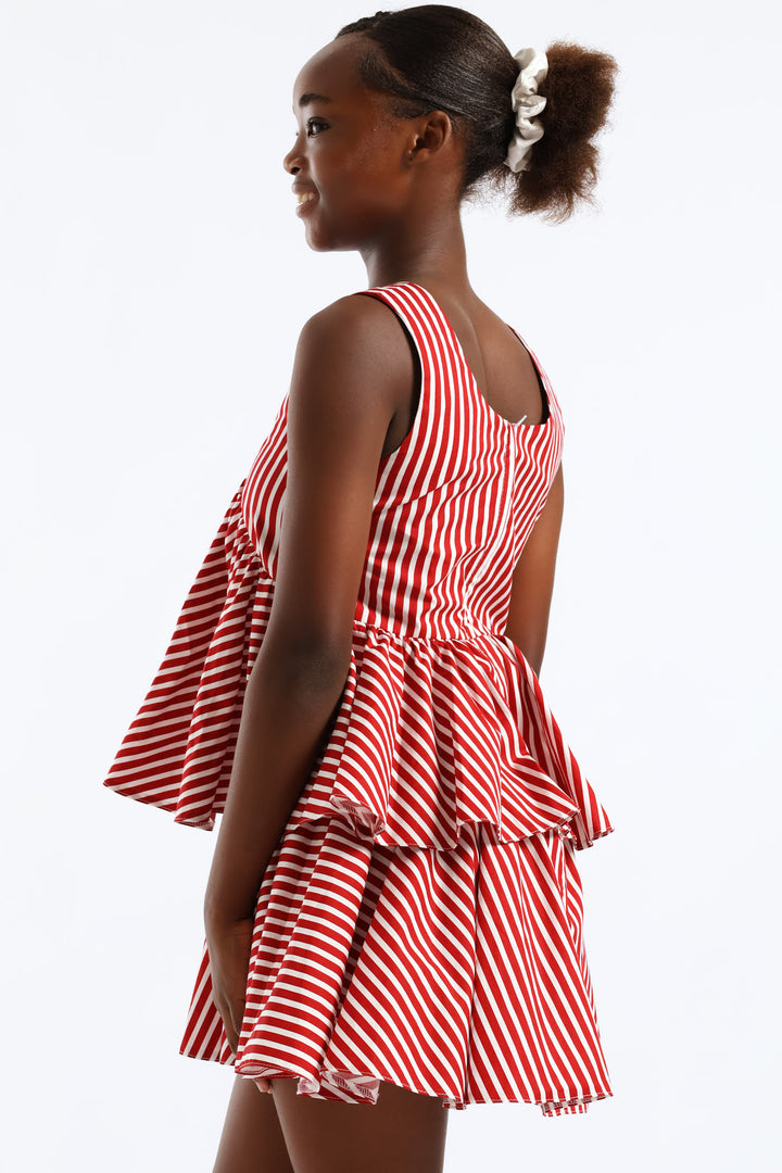 Girls Stripe Shaped Waist Rara Dress - White/Red