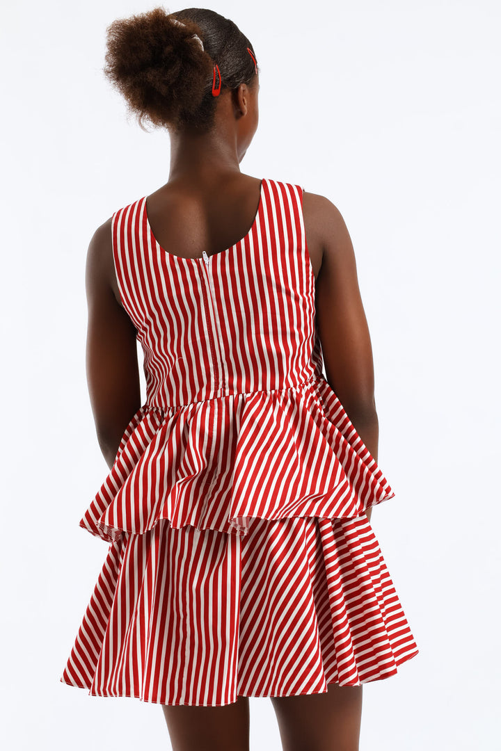 Girls Stripe Shaped Waist Rara Dress - White/Red