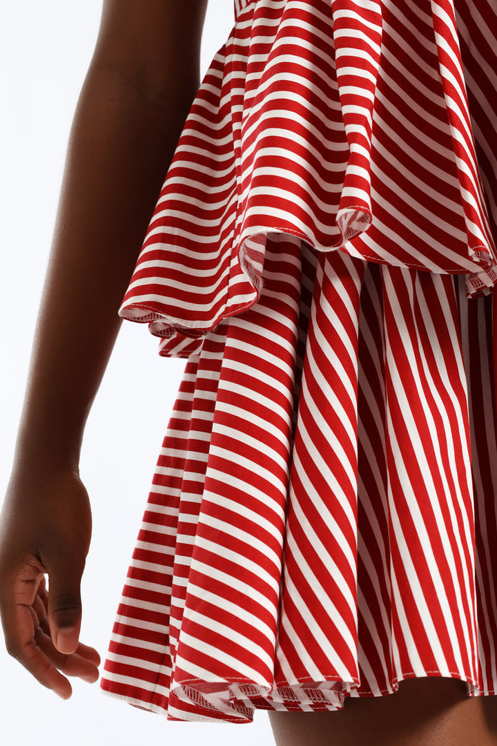 Girls Stripe Shaped Waist Rara Dress - White/Red