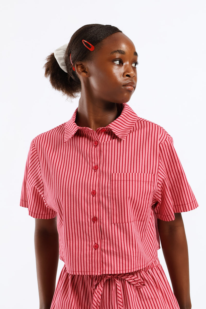 Girls Stripe Button Through Shirt - Red/Pink