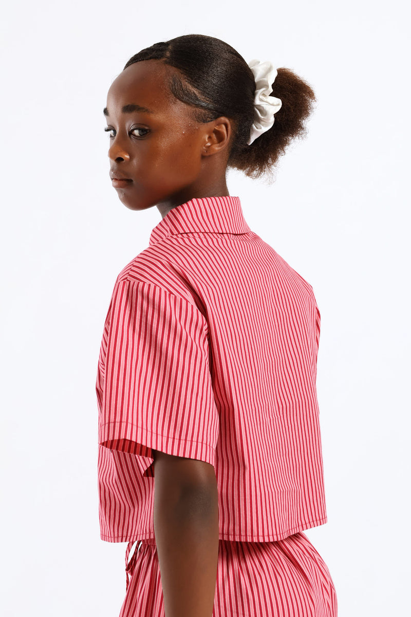 Girls Stripe Button Through Shirt - Red/Pink