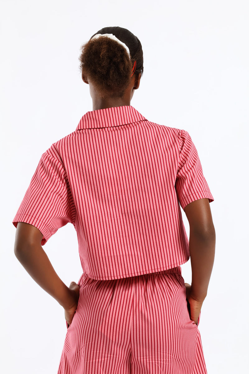 Girls Stripe Button Through Shirt - Red/Pink