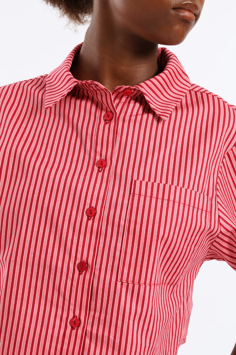 Girls Stripe Button Through Shirt - Red/Pink