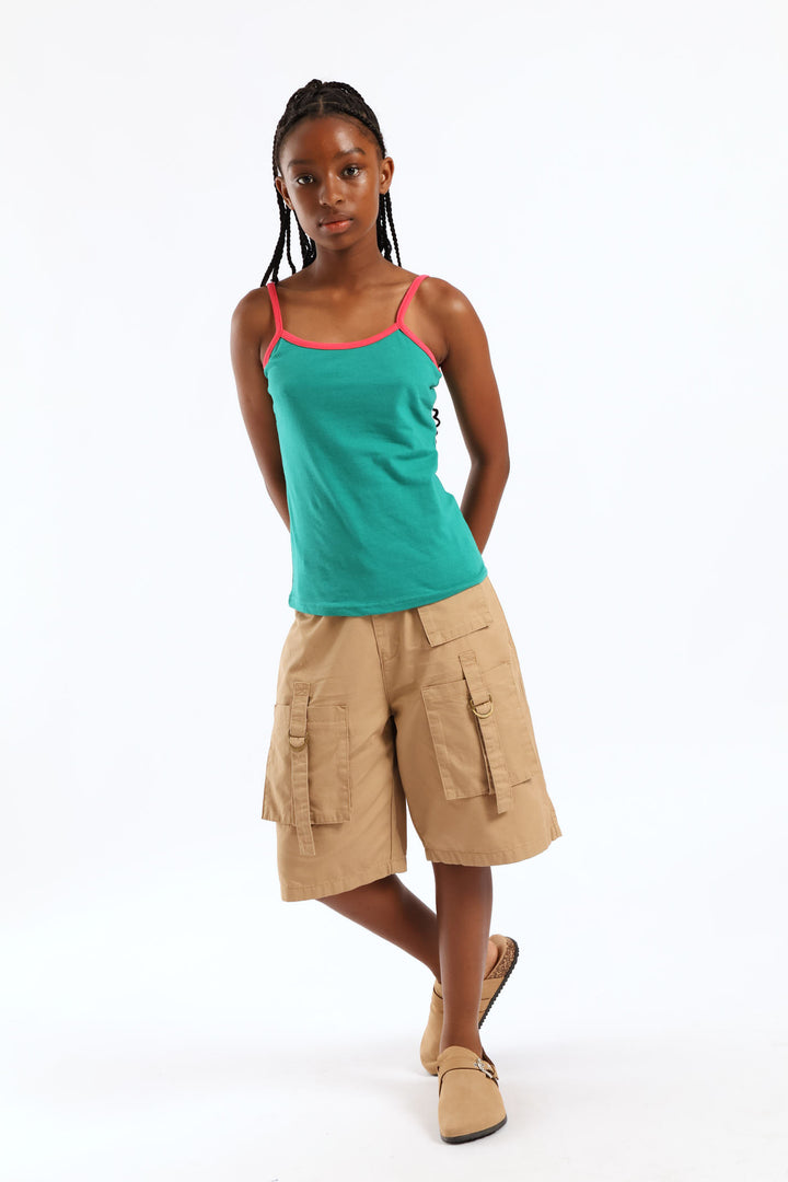 Girls 2 Tone Strappy Basic Vest - Green